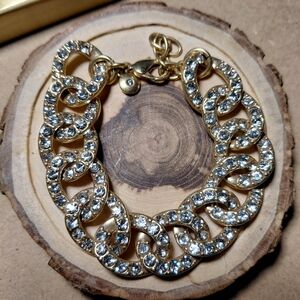 Chunky Polished Brass And Crystal Bracelet. 8"+1" Ext. Like New.